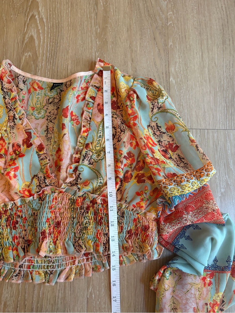 Sage & Coral Floral Smocked Cropped Peasant Top - Picture 13 of 13